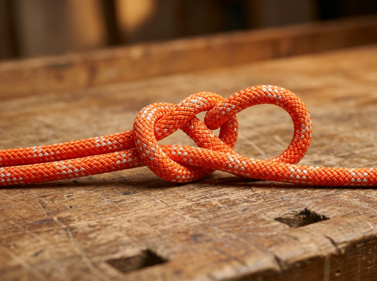 Bowline knot tied in orange arborist climbing rope