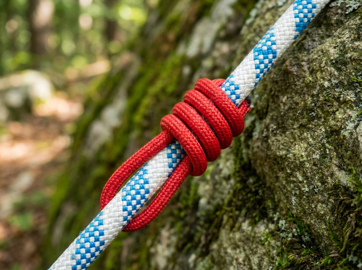 Prusik hitch in red accessory cord on a climbing rope
