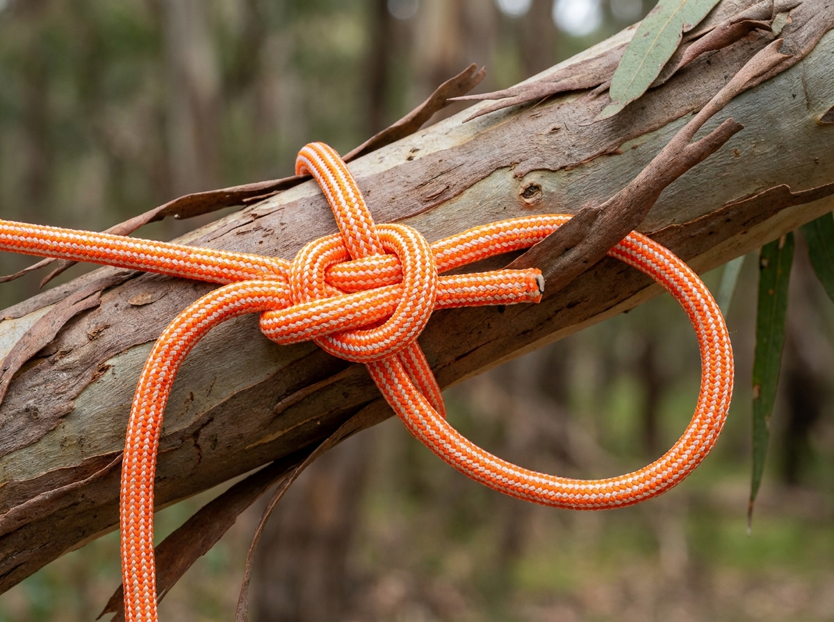 Running bowline cinched around a eucalyptus branch